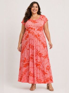 Lands End Women's Size 2X Maxi Dress New Pink Tropical Stretchy Jersey Soft Knit